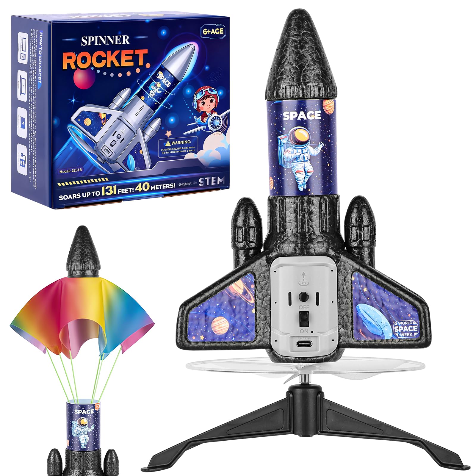 Cohete Juguete Lanzador con Paracaídas, Cohete Eléctrico Recargable con Indicador de Carga, Juguete de Exterior Fácil de Usar, Material EPP Duradero, Adecuado para Niños de 5 a 13 Años