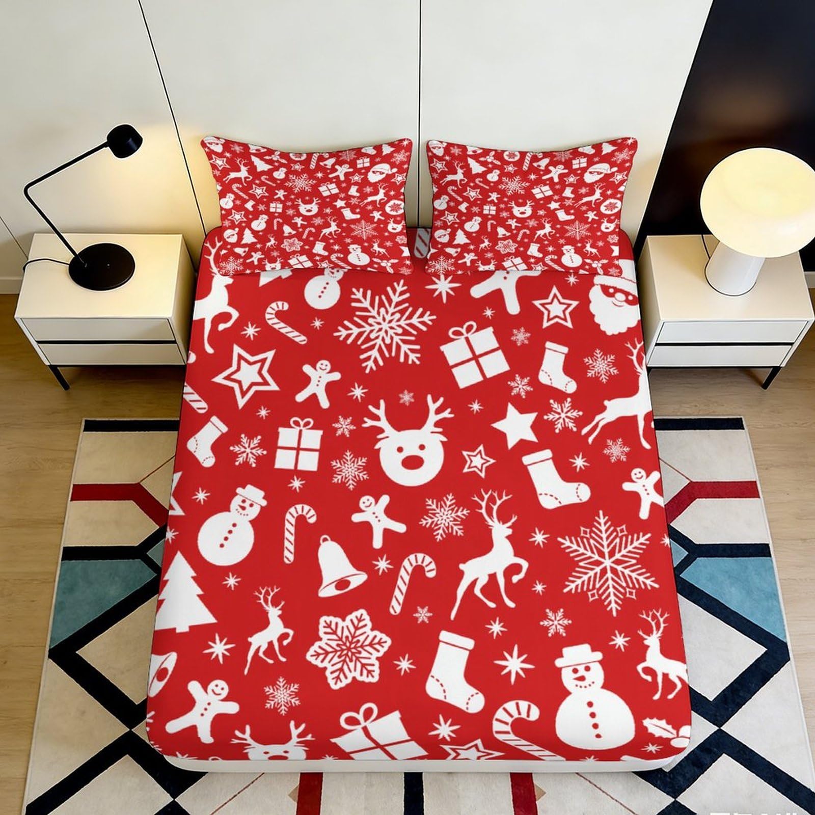 3D Printed Christmas Reindeer Fitted Sheet Microfiber Red Snowflake Bed Cover for Bedroom Dorm Decor Mattress Protection 90x200x25cm