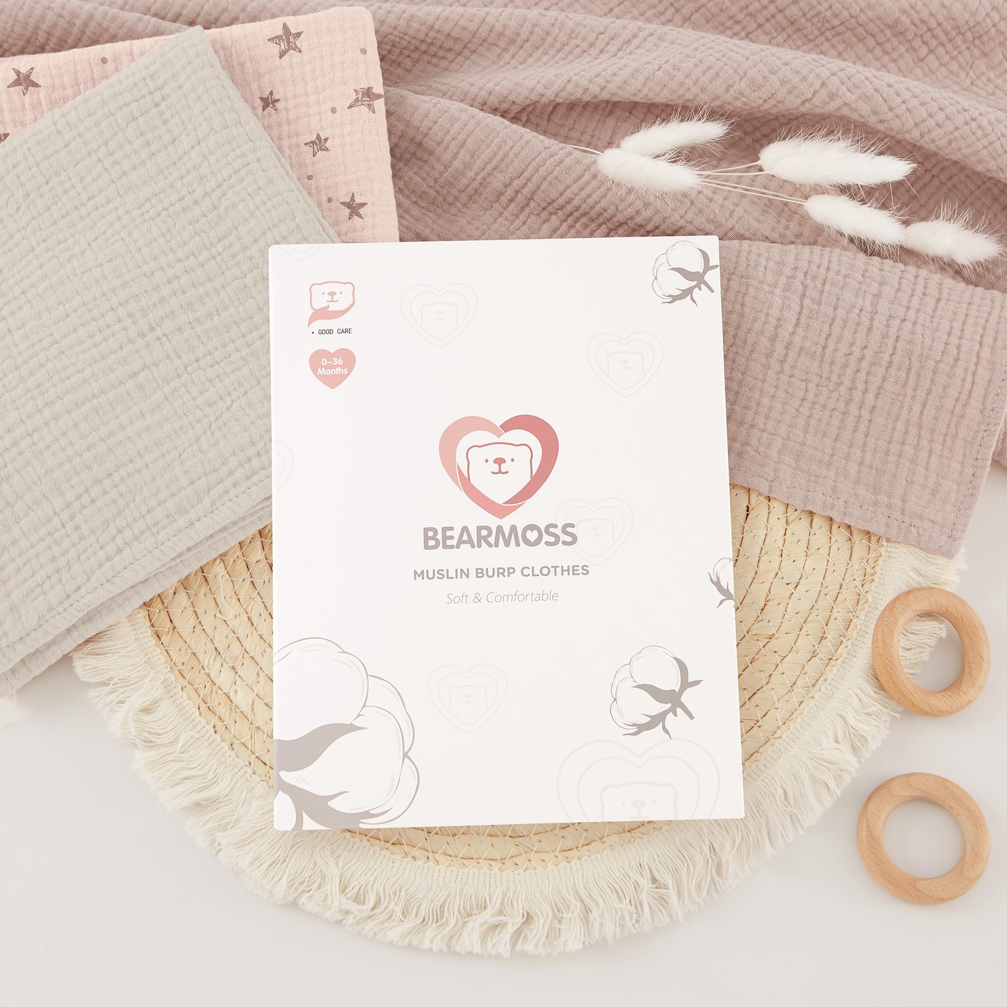 bearmoss Bambino in Mussola Per Neonati Set 4 Pezzi 60x60CM, 100% cotone Super Morbido Assorbente in Mussola A Grana Per Neonati Per Bambine E Ragazzi(Stampa rosa)