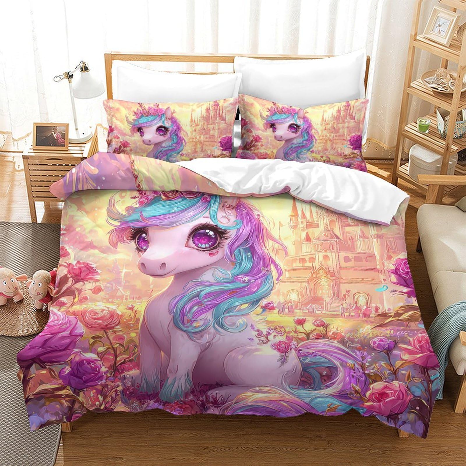 Parure de lit super king en coton avec housse de couette 3D unicorn 260x220