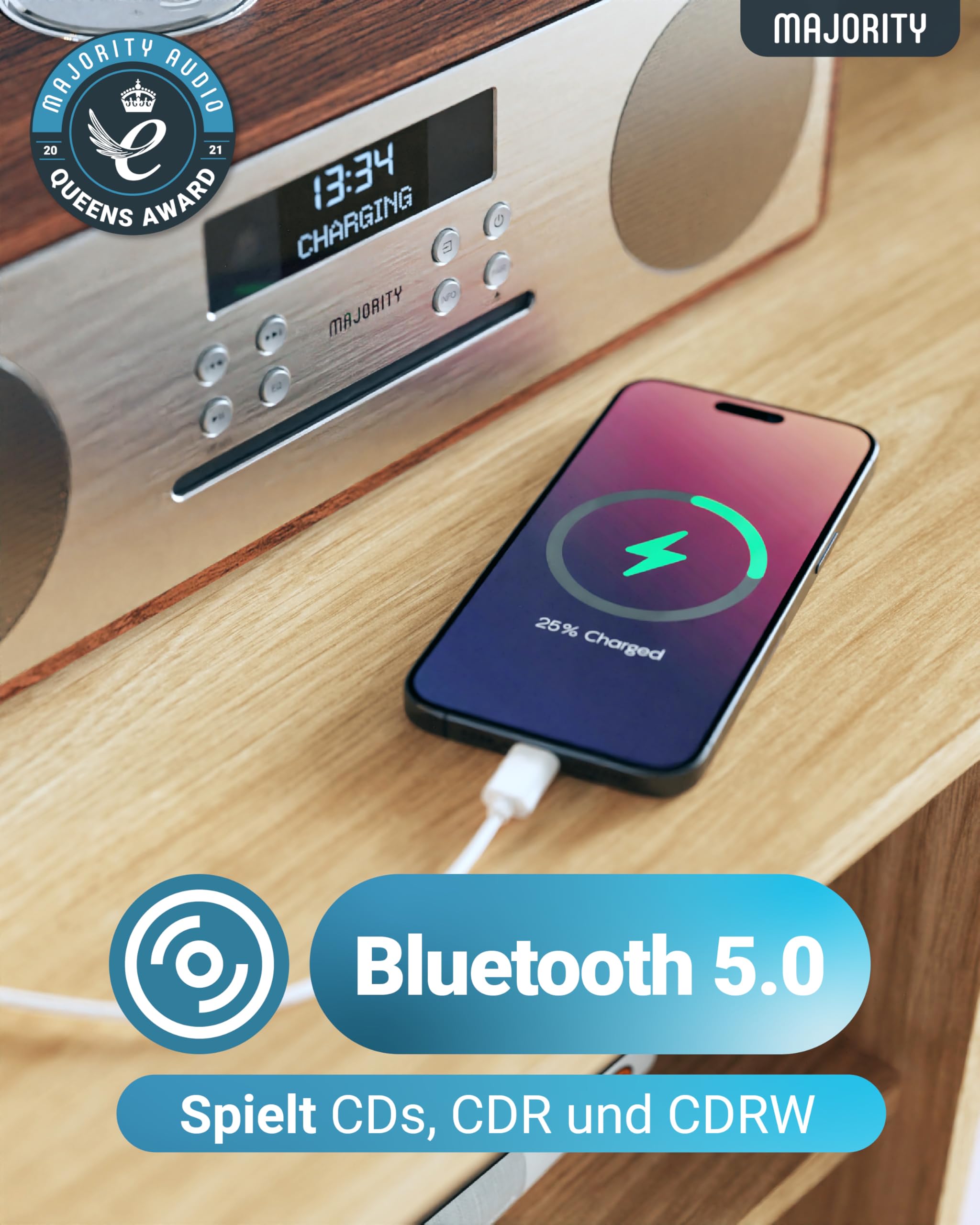 Majority Oakington DAB & UKW CD-Player und Digitalradio Kompaktanlagen | Bluetooth Lautsprecher mit Radio Bluetooth | HiFi Musikanlage mit Dual USB Eingang/Aufladen, AUX/USB, Dab Radio CD Stereoanlage