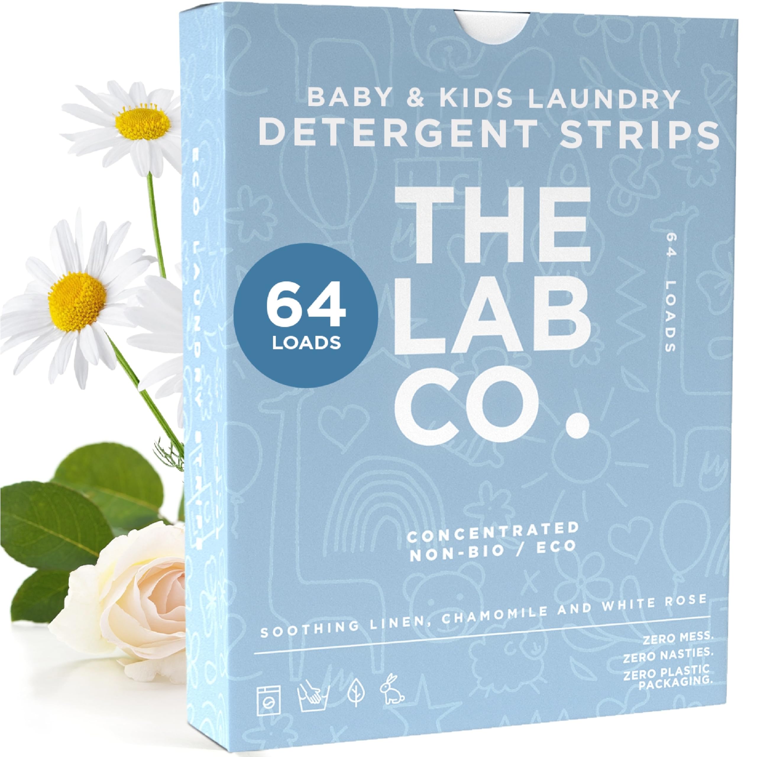 The Lab Co. Laundry Detergent Strips Washing Sheets | Eco Ultra-Concentrated | Non-Bio for Sensitive Skin | Non-Toxic Fragrance | EDC-Free | Lab-Tested | Soothing Linen Chamomile White Rose | 64 Loads