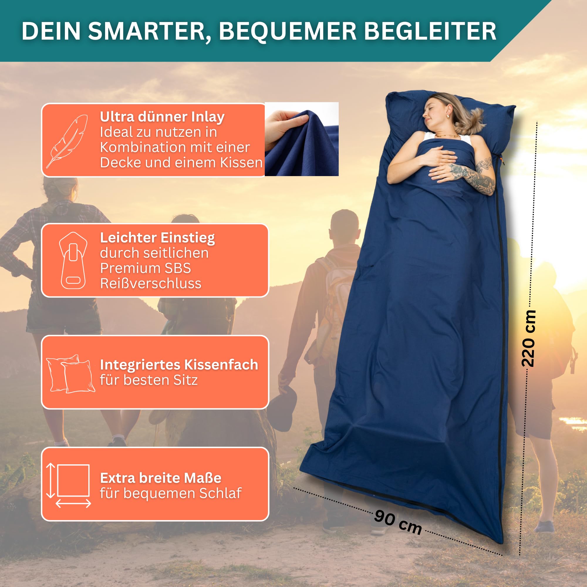 Hüttenschlafsack Baumwolle - Hüttenschlafsack ultraleicht und ultradünn ohne Fütterung - Reiseschlafsack Kleines Packmaß als Inlett mit Kissenfach - Kompakt & Klein