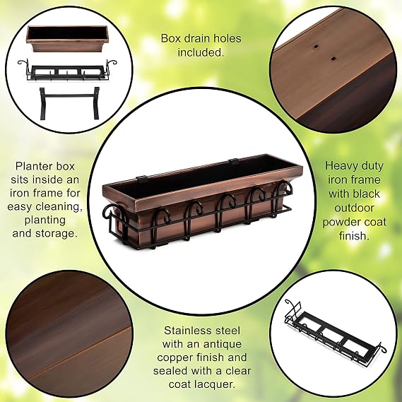 H Potter Window Box Planter 30 - Drainage & Mounting Brackets | Antique Copper Finish - Outdoor Garden Flower Container