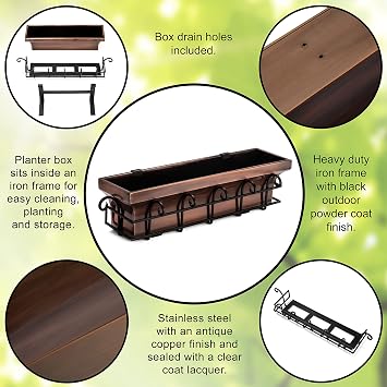 H Potter Window Box Planter 30 - Drainage & Mounting Brackets | Antique Copper Finish - Outdoor Garden Flower Container