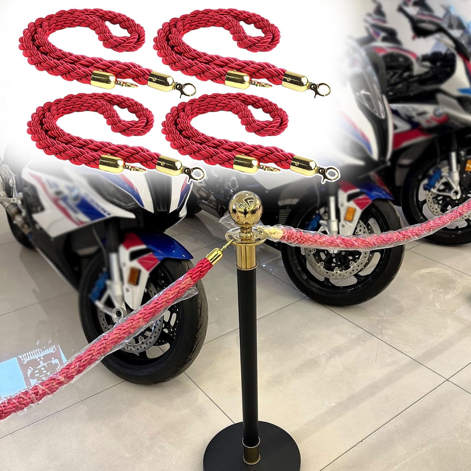 GDMDPTE Set of 4 Red Braided with Gold Hooks 1.2m (4ft) Hemp Barrier Ropes for Events Hotels Theaters & Grand Openings