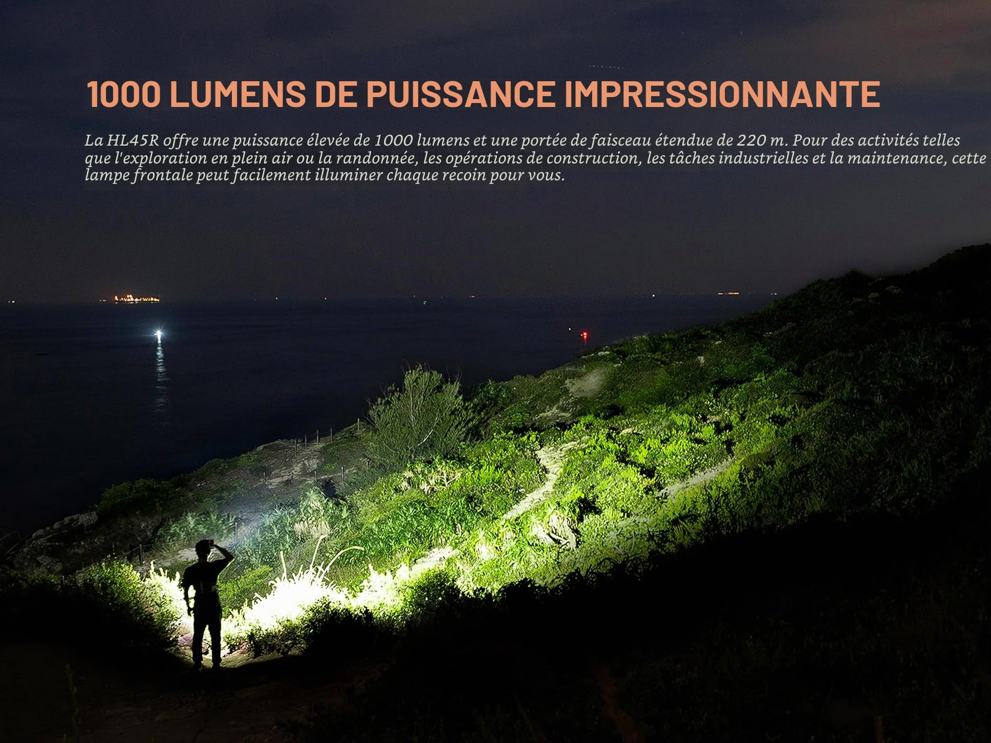 FENIX HL45R Lampe frontale rechargeable pour extérieur/travail/multifonction | 1000 lumens | 220 m | 124 heures maximum | Faisceau principal blanc, prise en charge du faisceau rouge, contrôle rotatif