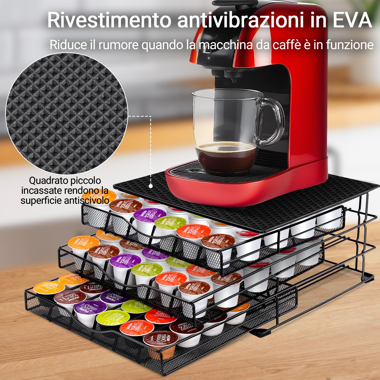 MASTERTOP Cassetti Capsule Dolce Gusto 108pz, Porta Capsule Antiscivolo a 3 Cassetti, Dispenser Capsule di Grande Capacità con Supporto Antivibrazioni in EVA per Macchina Caffè