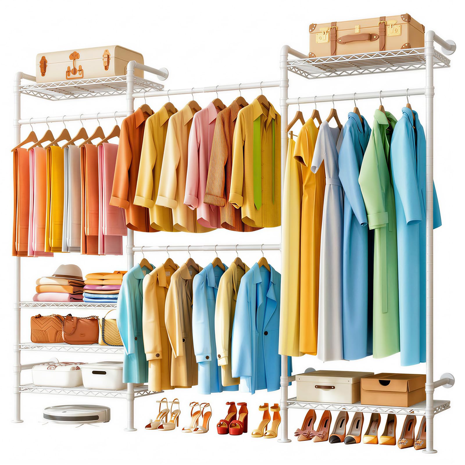Wall Mounted Heavy Duty Clothes Rail with 6 Shelves 2 Expandable Rods