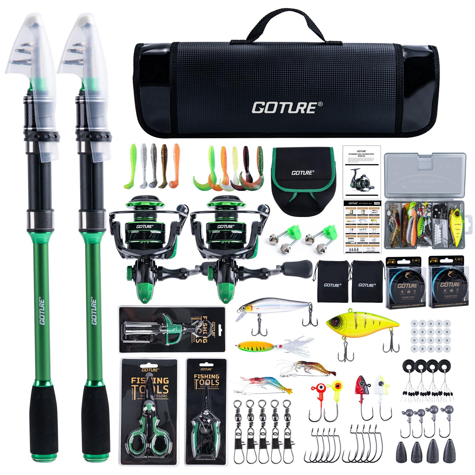 Goture Double Fishing Rod and Reel Combos with Carry Bag, Green Telescopic Pole B Spinning Reel Lures Set, Telescopic Fishing Rod Fishing Kit for Travel Saltwater Freshwater 2.7M B1