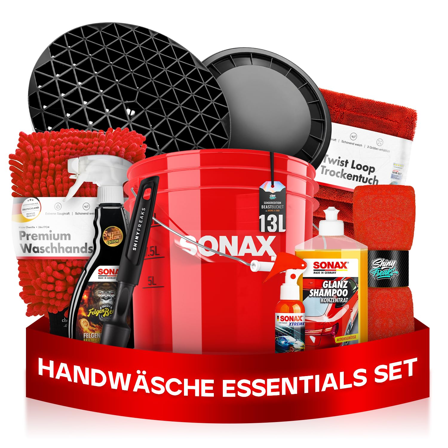 Auto Wascheimer Set 3,5GAL: Schmutzsieb & Deckel für die Auto Handwäsche + Sonax Shampoo + Sonax Detailer + Sonax FelgenBeast - schonende Reinigung für Lack & Felgen - Auto waschen | 11-teilig
