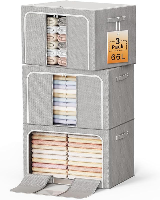 Clothes Storage Bins with Metal Frame Foldable Storage Box Clothes Organizers Storage Containers for Clothes Sheets Blankets Books Toys Gifts and Holiday Decorations (66Lx3 Pack)