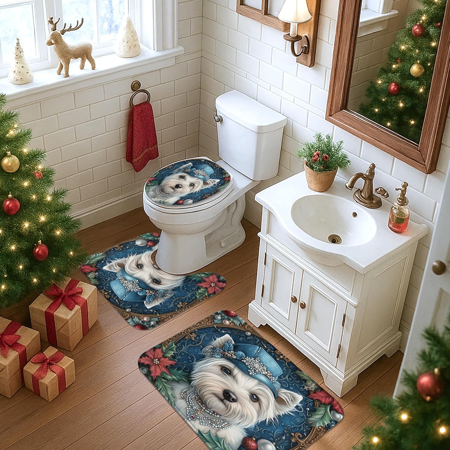 4PCS Vintage Christmas Westie Dog Bathroom Sets, Bath Accessory with Non-Slip Rug, U Shape Toilet Lid Cover Mat, Retro Xmas Puppy Bathroom Decor-72''x72''