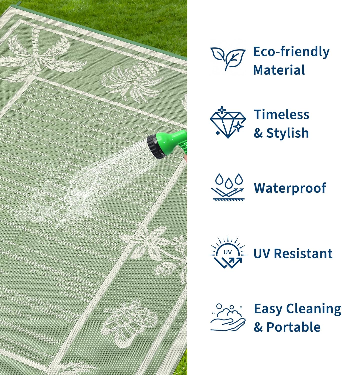 Garvee Outdoor Rug 5x8 Waterproof for Patios, Reversible Plastic Straw Rug, Tropical Leaf Indoor Outdoor Rugs, Large Area Rug for RV, Camping, Deck, Picnic Mat, Outside Carpet, Sage Green & Ivory