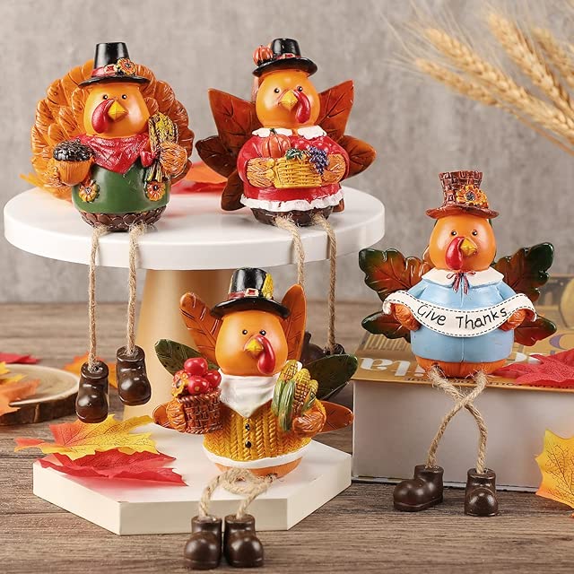 Roowest 4 Pack Thanksgiving Turkey Table Decorations Turkey Shelf Sitters Gift Resin Turkey Figurines Tabletop Centerpiece with Dangling Legs Fall Decoration for Home Desk Mantel Autumn Harvest Party