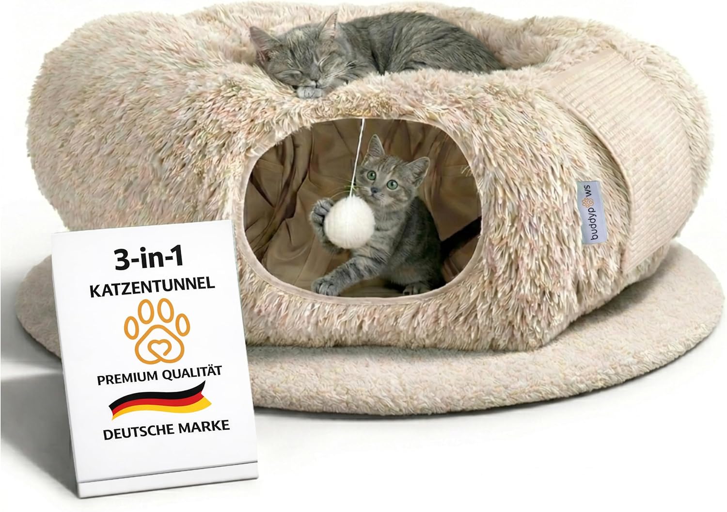 3-in-1 Katzentunnel mit Katzenbett &amp; Kratzflächen | Flexibel nutzbarer Premium Katzentunnel aus weichem Plüsch als Katzenhöhle, Katzenkorb &amp; Katzenspielzeug | Waschbar | Mit Sisal Kratzmatte | BEIGE