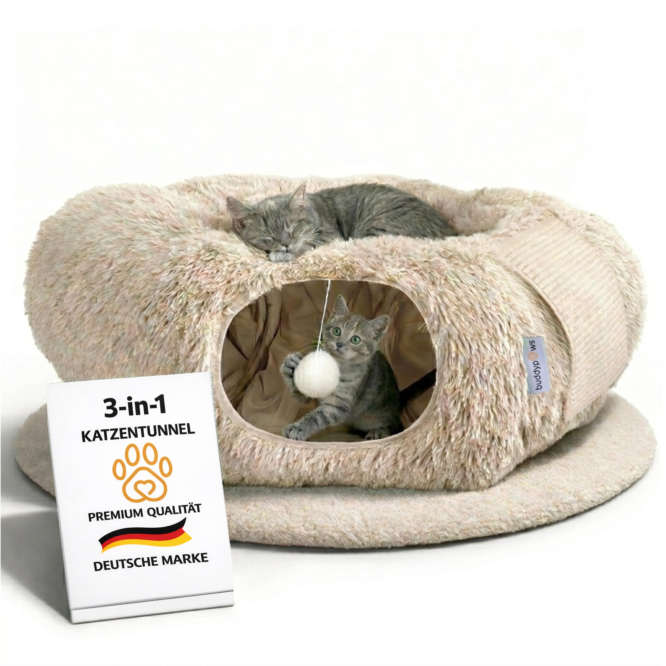 3-in-1 Katzentunnel mit Katzenbett & Kratzflächen | Flexibel nutzbarer Premium Katzentunnel aus weichem Plüsch als Katzenhöhle, Katzenkorb & Katzenspielzeug | Waschbar | Mit Sisal Kratzmatte | BEIGE