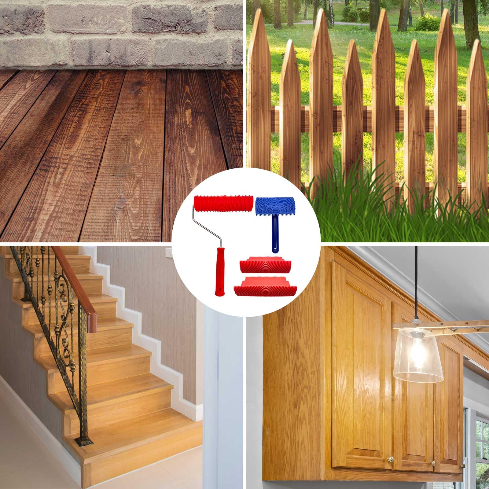Paquete de 4 herramientas de grano de madera, herramienta de pintura de rodillo de grano de madera con mango, juego de herramientas de pintura de textura de madera empaista de goma para decoración de