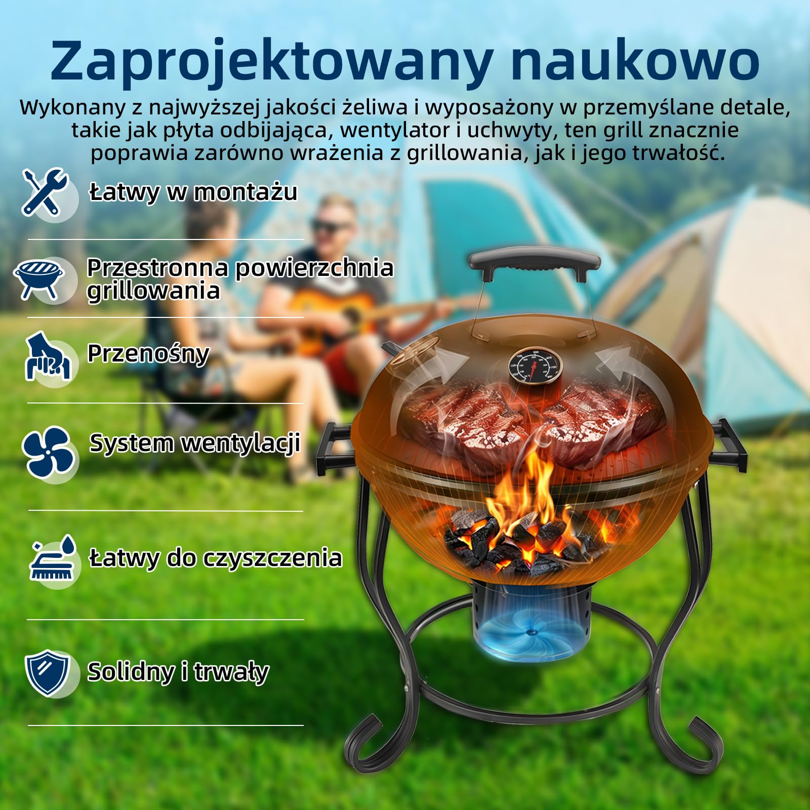 Grill na węgiel drzewny z regulowanym wentylatorem, przenośny grill kempingowy 18 cali, łatwy do rozpalania węgiel drzewny, mały grill stołowy grill kempingowy z pokrywką, do ogrodu, na kemping, na