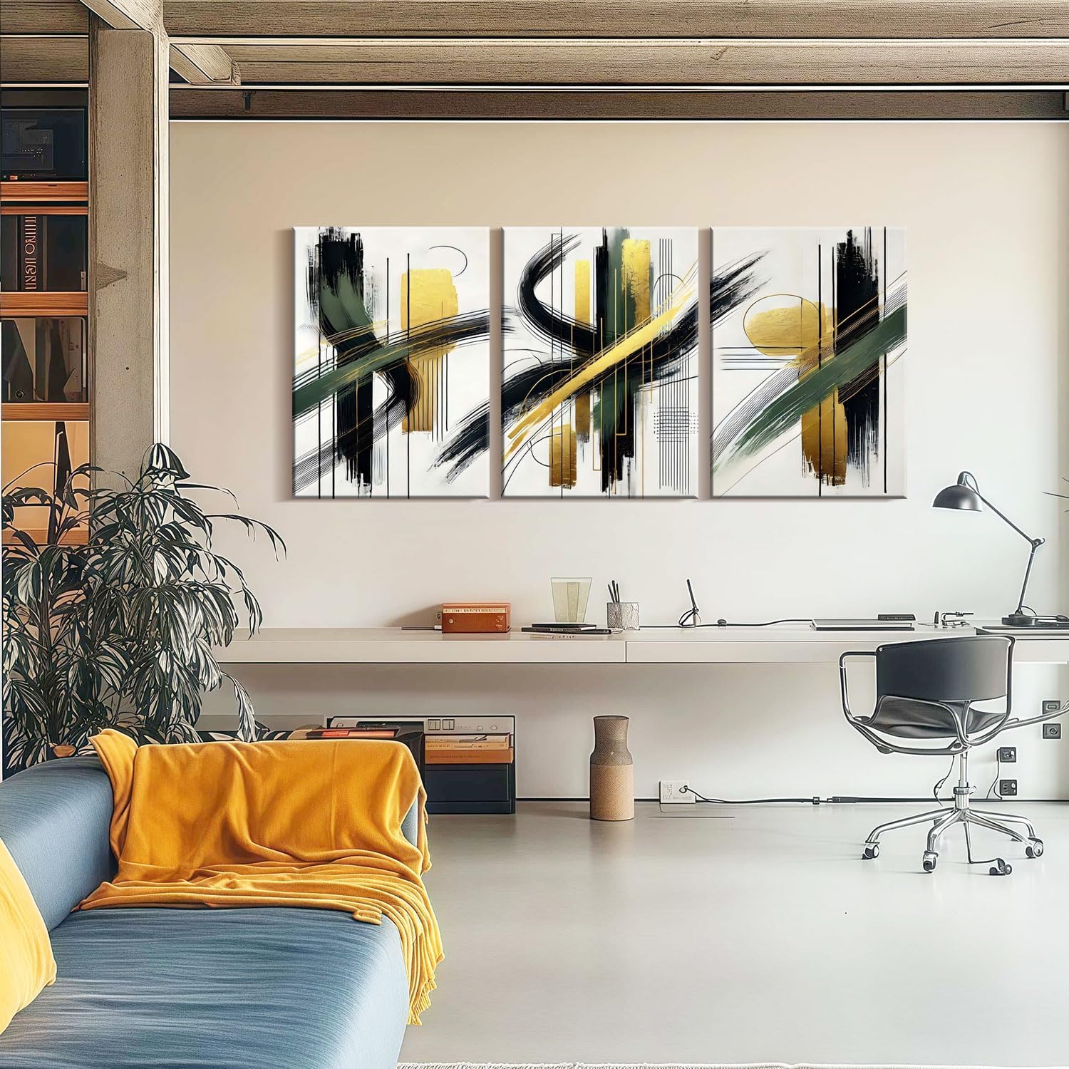 3 Pcs Framed Abstract Wall Art Modern Gallery Prints Black Green Gold Lines Canvas Painting Minimalist Poster Picture Living Room Bedroom Office Wall Decor 12x16 Inch Ready To Hang