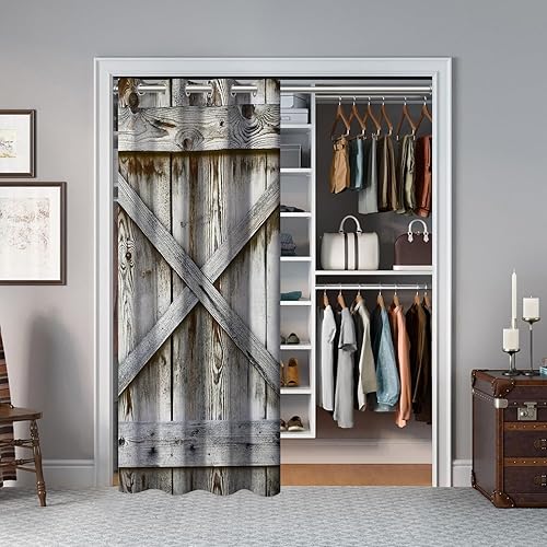 Miniatura 5 de Cortinas opacas de madera para puerta de puerta, estilo granero, estilo rural, para armario de dormitorio de niños, con ojales, aislamiento térmico,