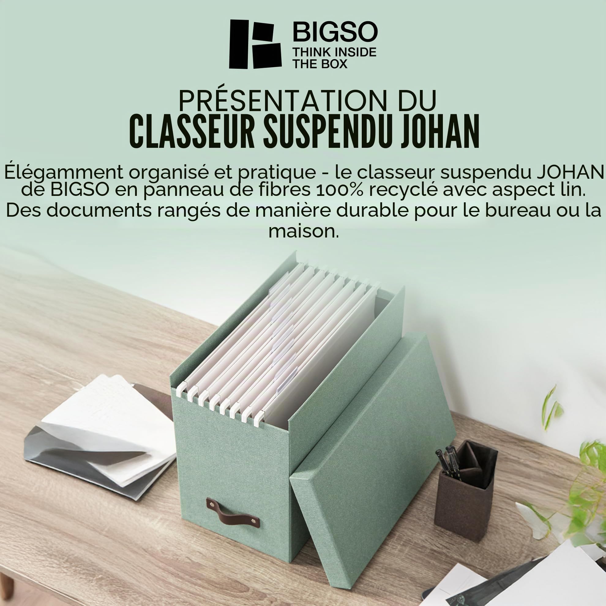 Bigso Box of Sweden JOHAN Boîte de classement suspendue avec couvercle - Boîte d'archivage élégante avec 8 dossiers suspendus - Boîte de dossiers suspendus en panneau de fibres et papier aspect lin