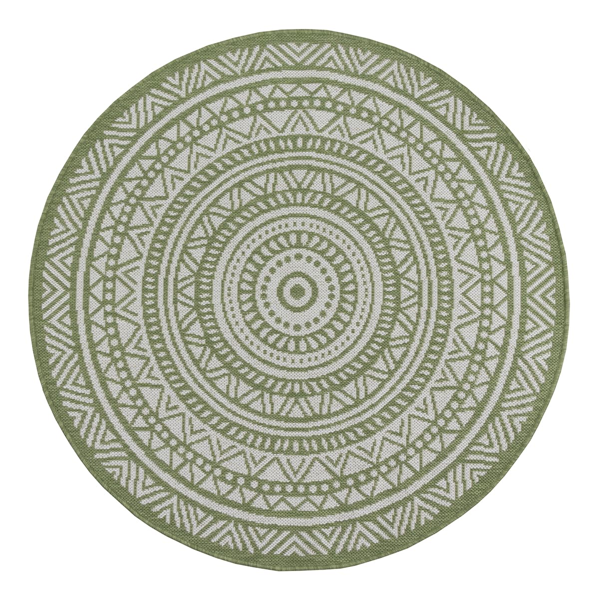 the carpet Mistra - robuster Outdoor Teppich, modern, Wetterfest & UV-beständig, für Balkon, Terrasse und Wintergarten Aber auch für die Küche geeignet, flachgewebt, Mandala, Grün, 160 x 160 cm Rund