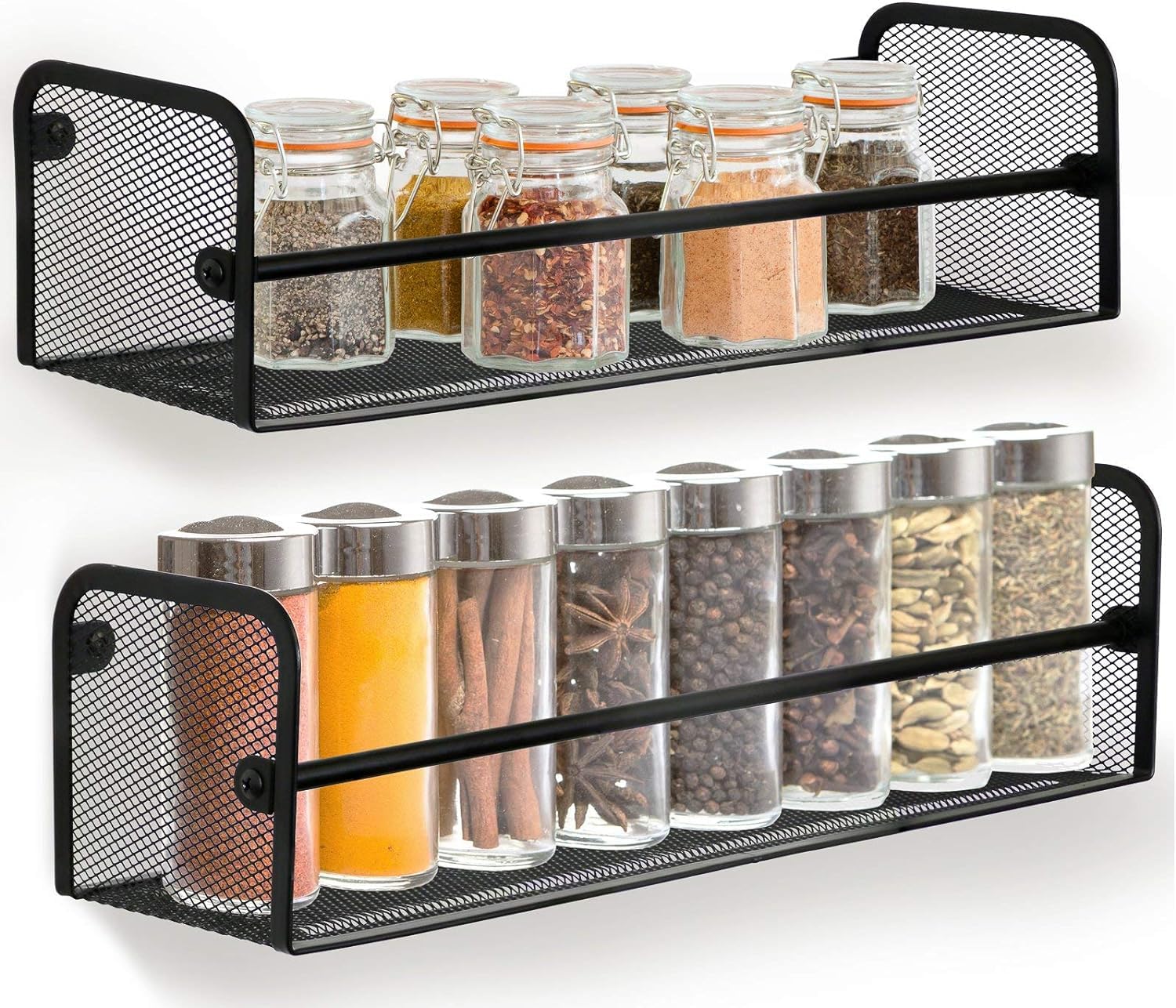 MFS Craft World self adhesive Wall Mounted Kitchen Rack | Multipurpose Metal Organizer Shelf for Jars, Spices & Bottles | Space Saving Kitchen Items Storage Rack (Set of 2, Black)