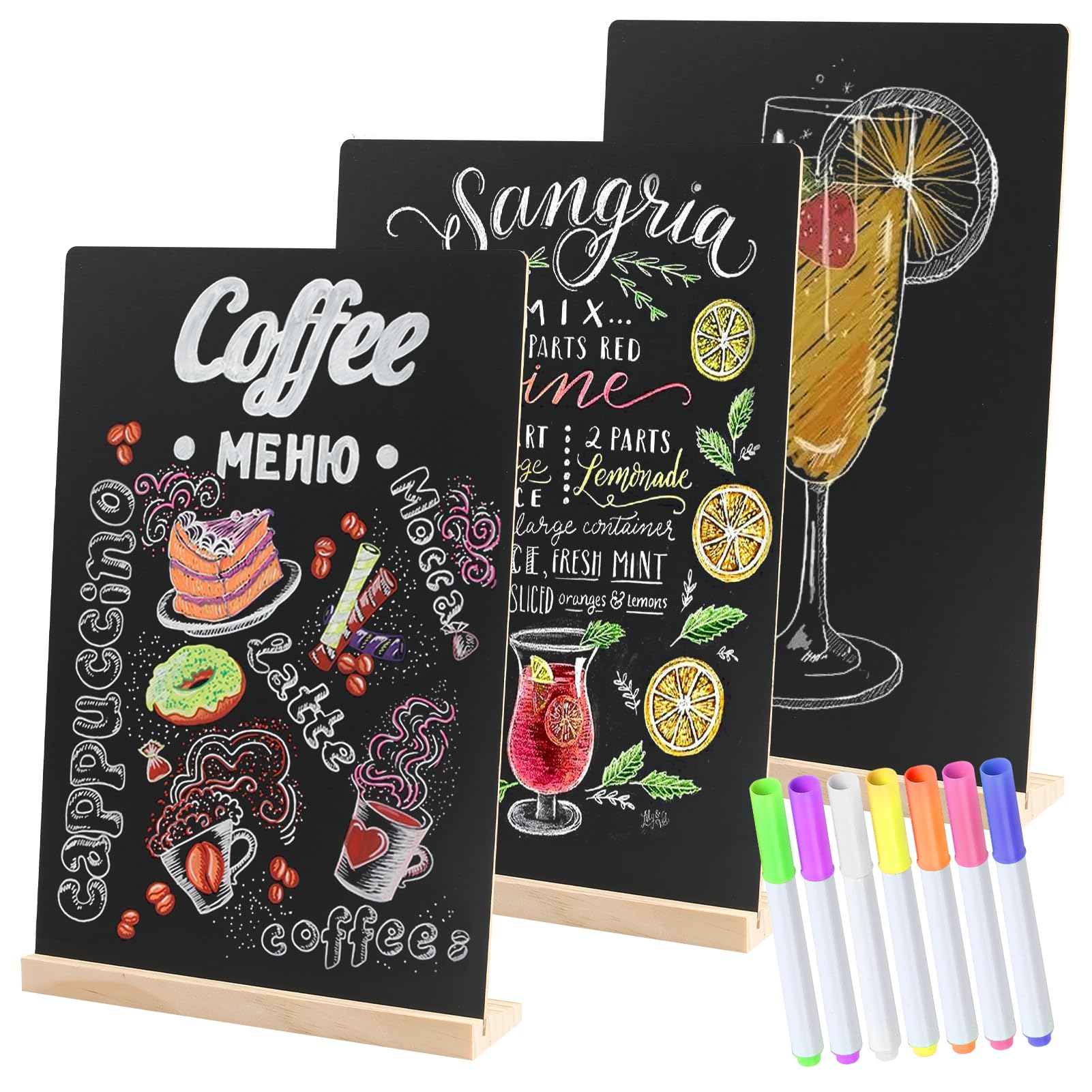 Double-Sided Small Chalkboard Signs (8 x 12 Inch) - Set of 3 with Stand & 7 Liquid Chalk Markers | Vintage Decorative Mini Tabletop Message Boards for Home & Events