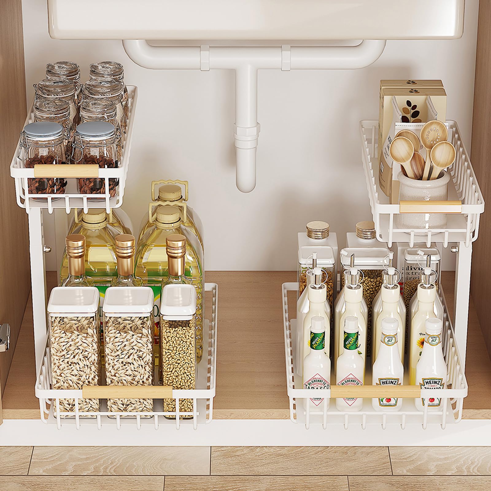 Organizzatore Sottolavandino REALINN A 2 Livelli, Regolabile In Altezza (35,6-43,2 Cm), Estraibile Con Guide Lisce, Struttura In Acciaio, Per Cucina E Bagno, Bianco - 3