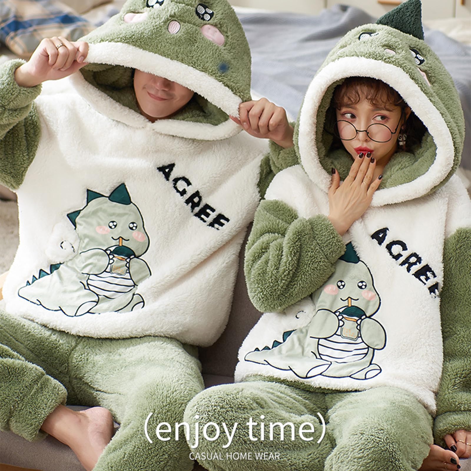 Conjunto de pijama de forro polar, sudadera térmica con capucha y pantalones con patrón de dinosaurio, ropa de dormir para clima frío, conjunto de pijama de franela para mujer