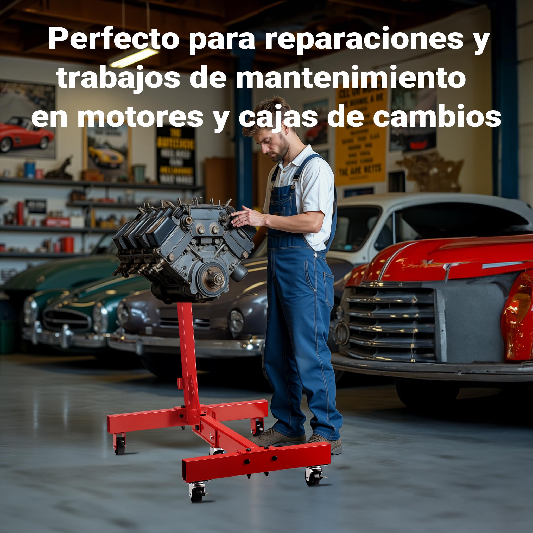 Wiltec Soporte de motor hasta 680 kg elevador gato de transmisión con ruedas pivotantes en 360° caballete de caja de cambios con cabezal de montaje ajustable y giratorio