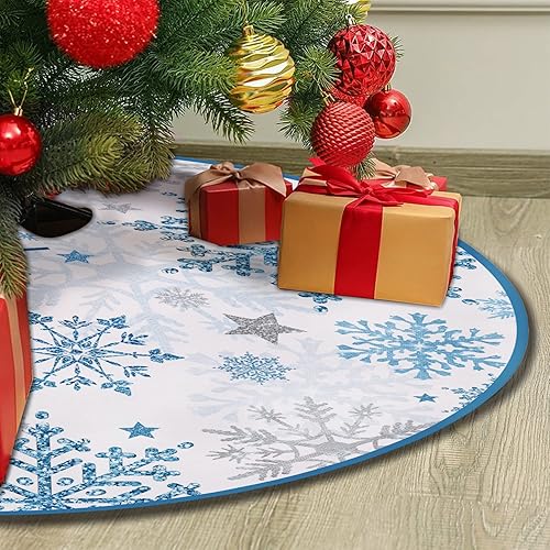 Miniatura 5 de Fzbali Falda de árbol de Navidad con copos de nieve de 48 pulgadas, con cordones, para invierno, nieve, artificial, azul, dorado, para árbol de
