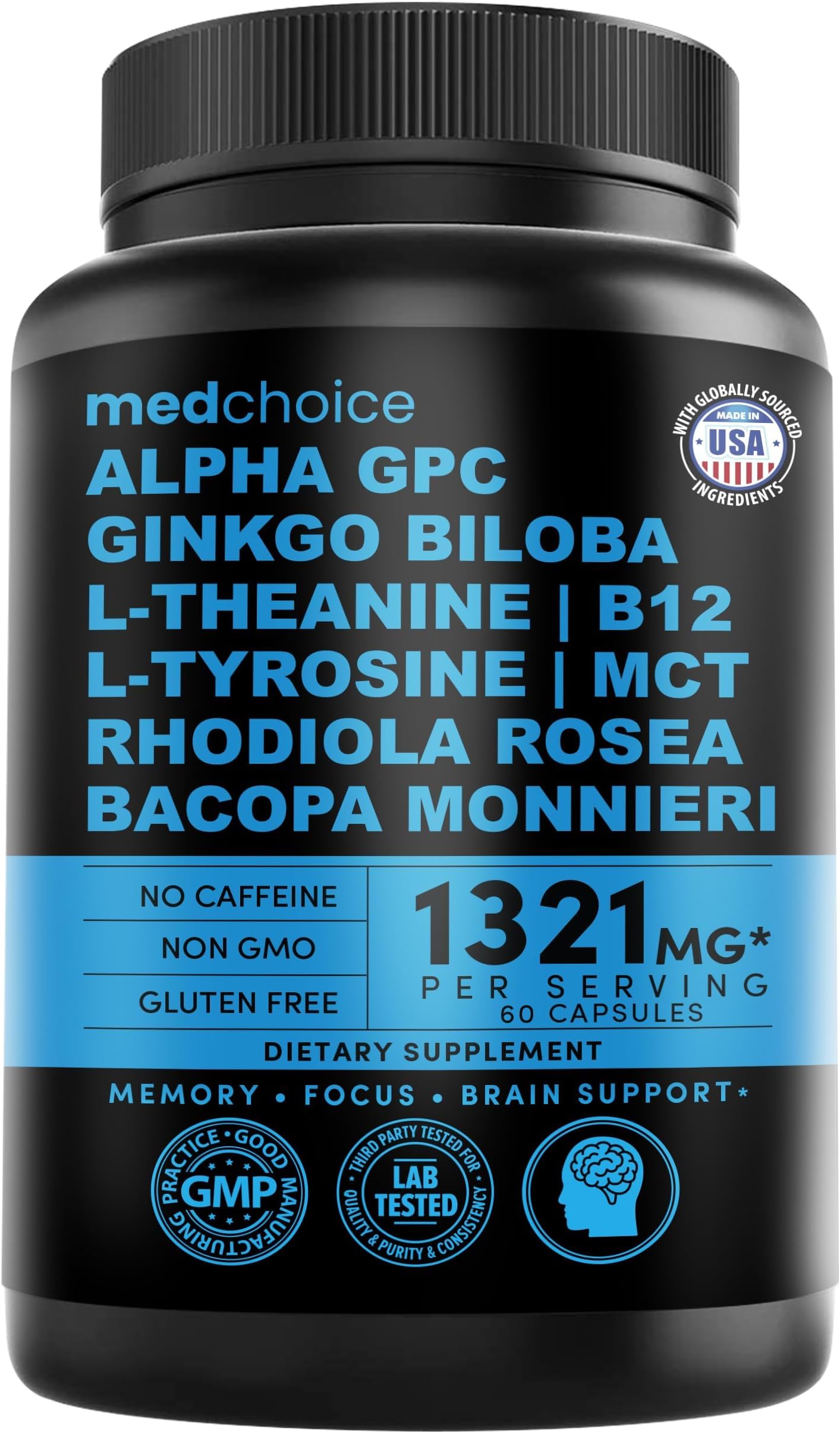 11-in-1 Nootropic Brain Supplements: Memory & Focus Supplement with Ginkgo Biloba, L Theanine, Bioperine, & Alpha GPC Choline - 1321mg, 60ct - Stimulant Free, Vegan - Focus Brain Support (1 pack)