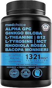 12-in-1 Nootropic Ginkgo Biloba for Brain Support, Memory and Focus - B12, Alpha GPC, L Theanine and Choline Supplements with Bioperine Non Caffeinated 1321mg (60ct)