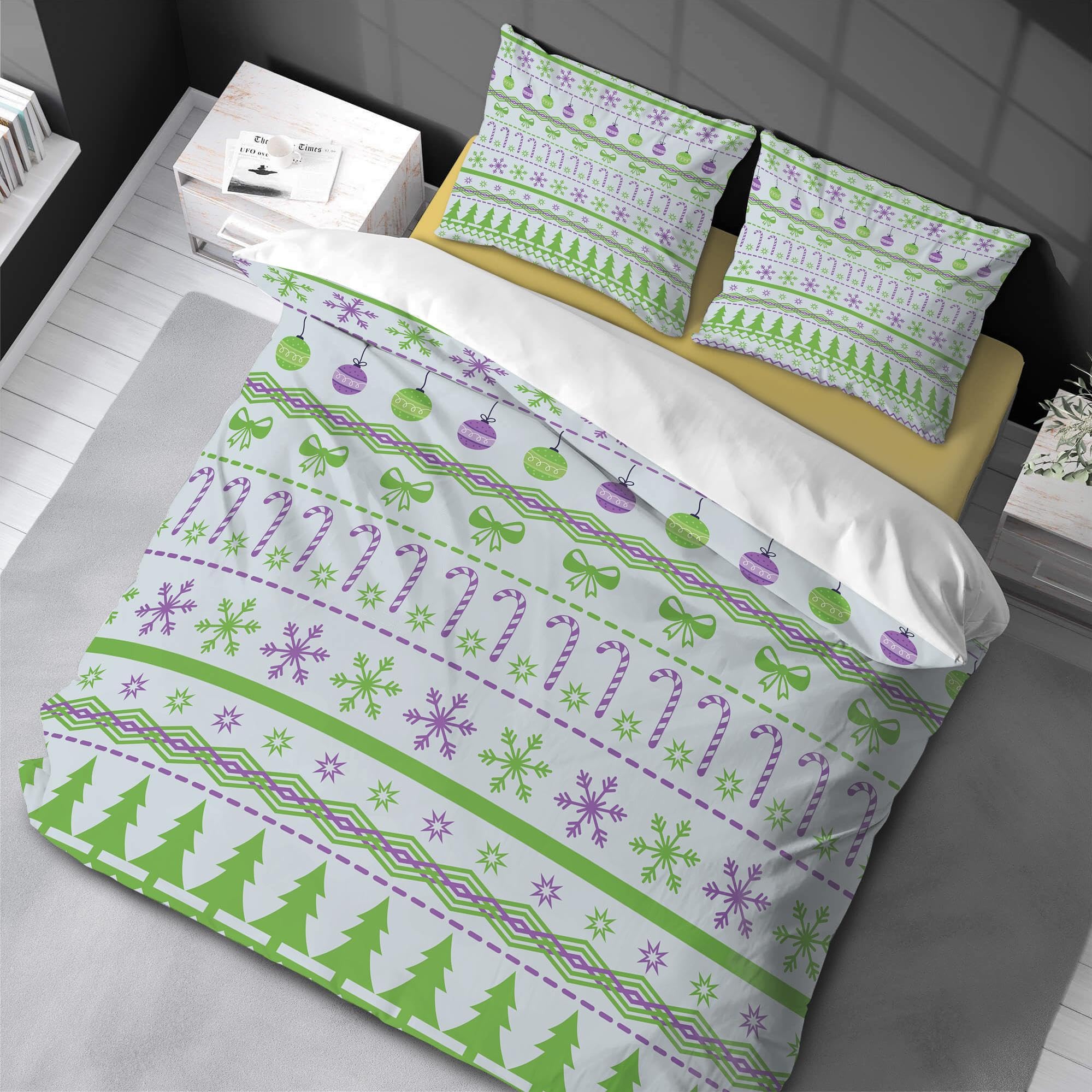 Parure housse de couette Noël 135x200 lanterne sapin fille 3 pièces