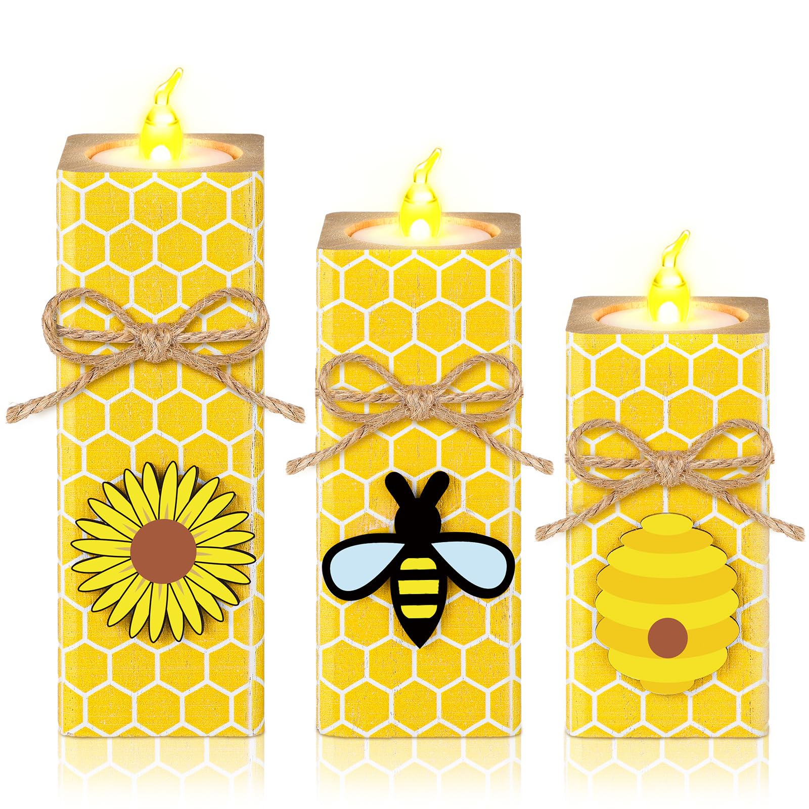 3 Pieces Honeycomb Wood Candle Holders with LED Battery Operated Honeybee Tea Lights Bee Wood Candle Centerpieces Sunflower Bee Candles Table Sign for Summer Bee Festival Home Decoration