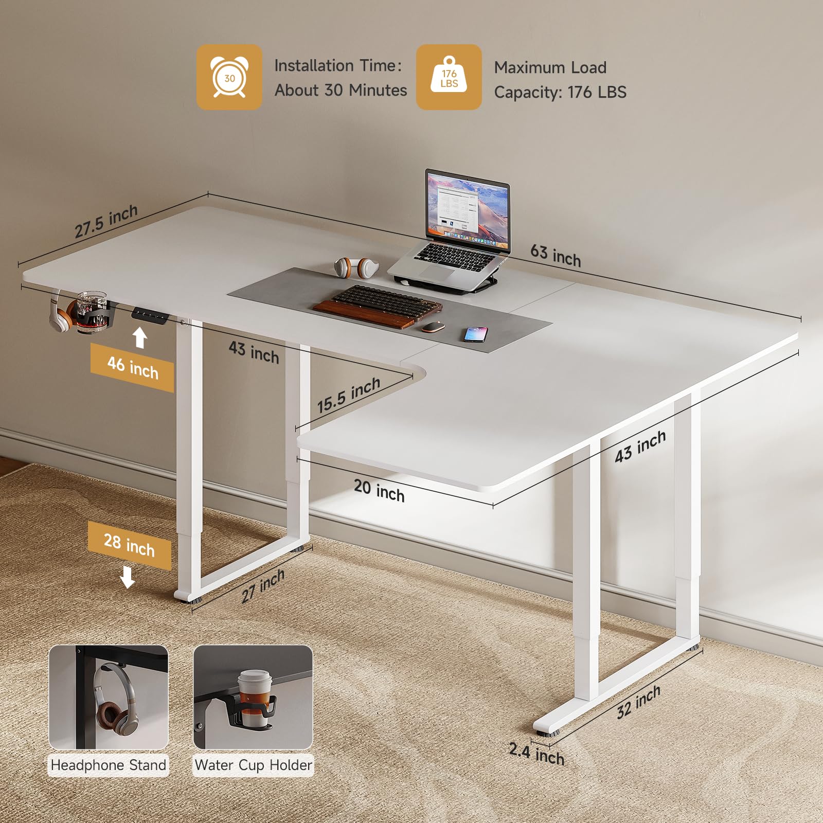 スタンディングデスク Amazon | ONBRILL L字型スタンディングデスク 63x43インチ 電動