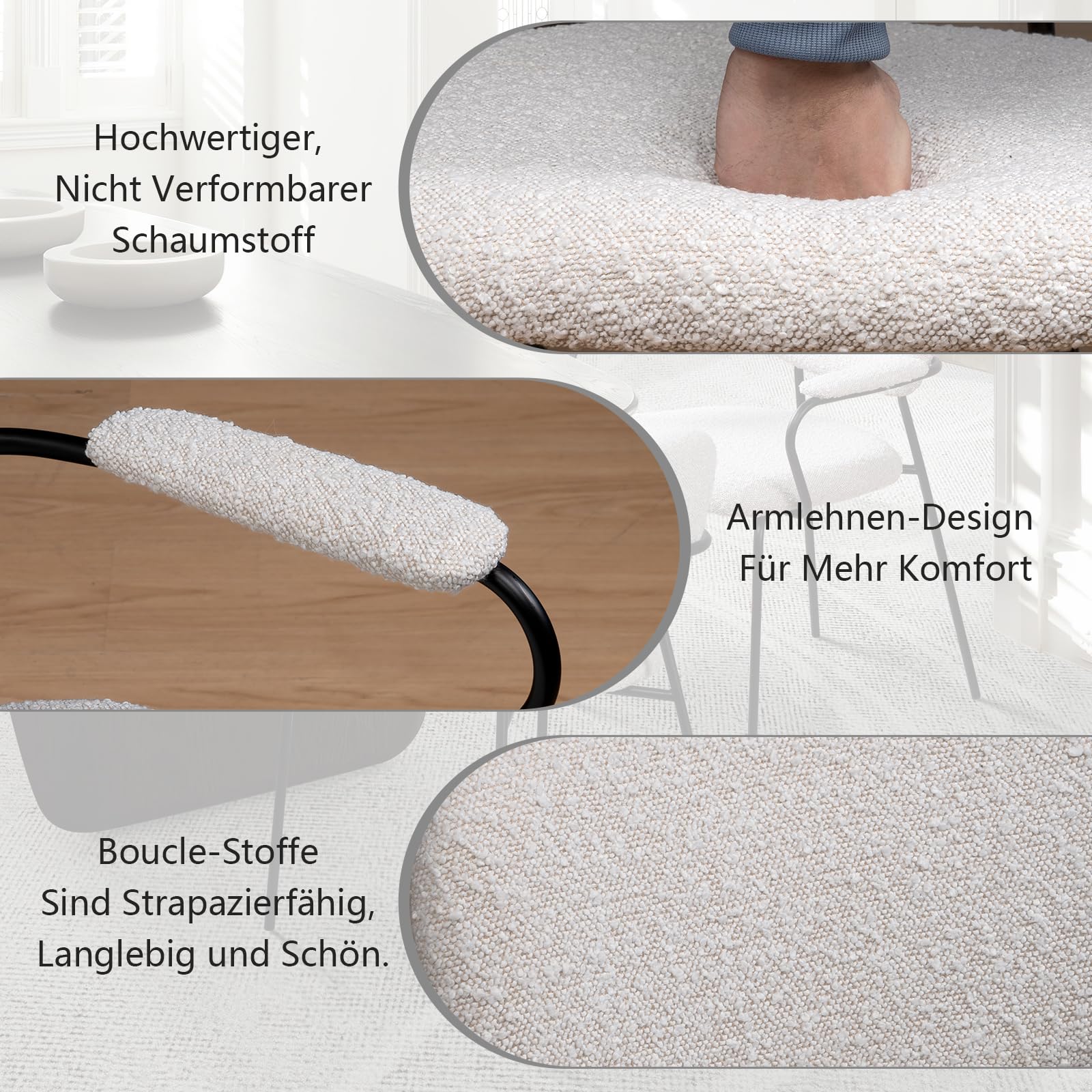 Bouclé Esszimmerstuhl 4er Set, Gepolsterte Küchenstühle mit Armlehnen, Moderner Stil, Metallbeine, Weiß