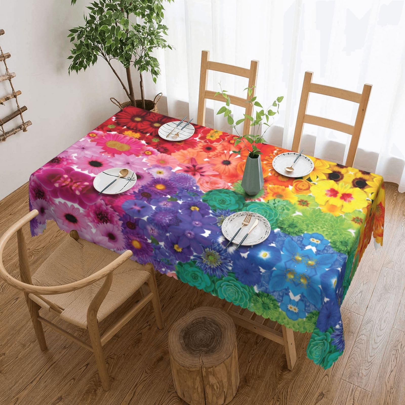 HLSBSSL Rainbow Flowers Patterned square lace tablecloth, wrinkle-resistant and durable, suitable for dining tables, parties, etc.