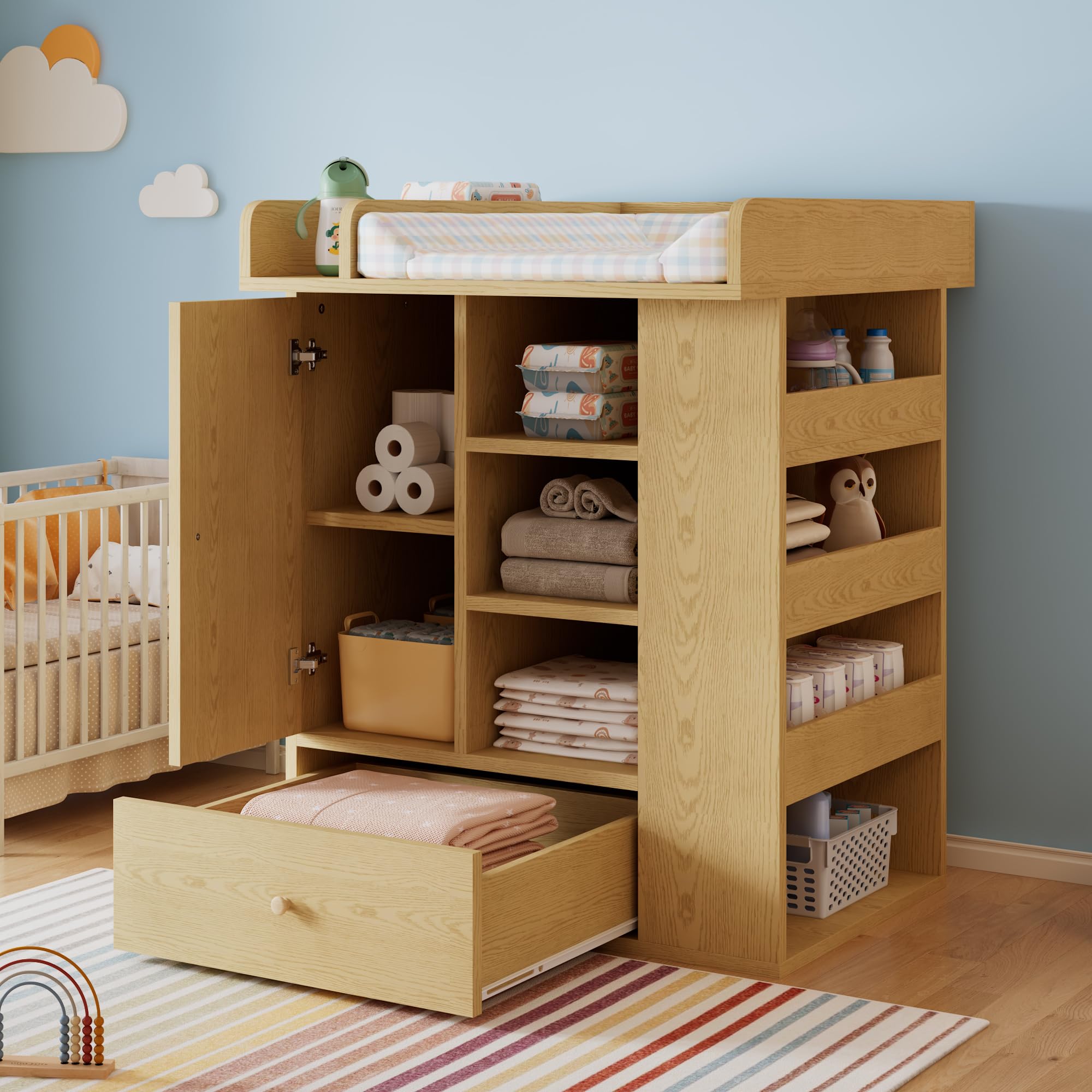 Tidyard Wickelkommode mit Schublade und Schrank, Handtuchhalter, Naturholz, für Neugeborene, Babypflege, Kinderzimmer, Baby Erstausstattung