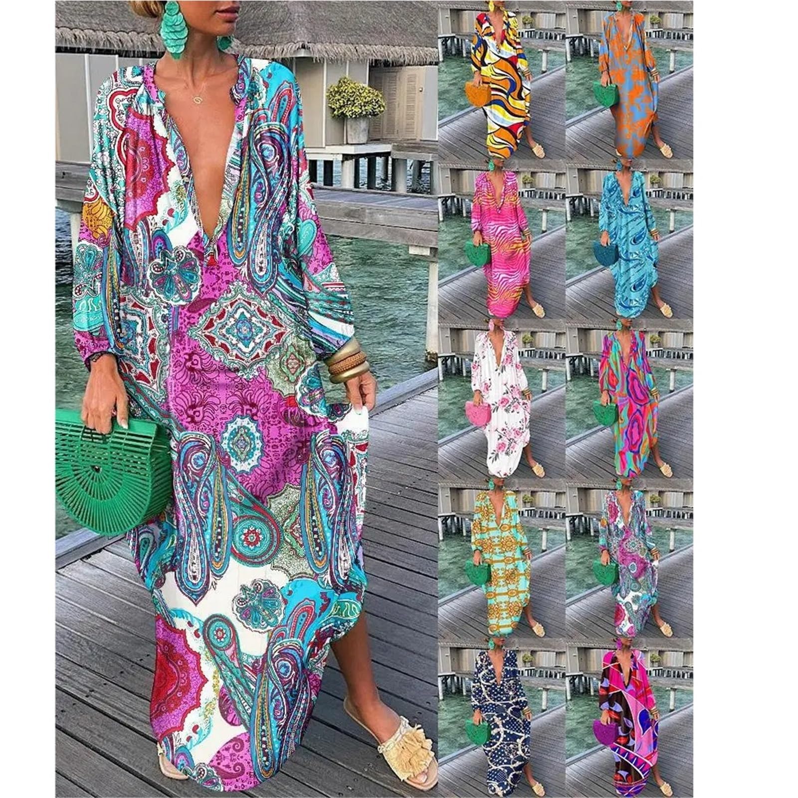 Vestido Playero Holgado con Estampado for Mujer, Elegante, con Escote en V Profundo, Manga Larga y Sexy, for Primavera y Verano