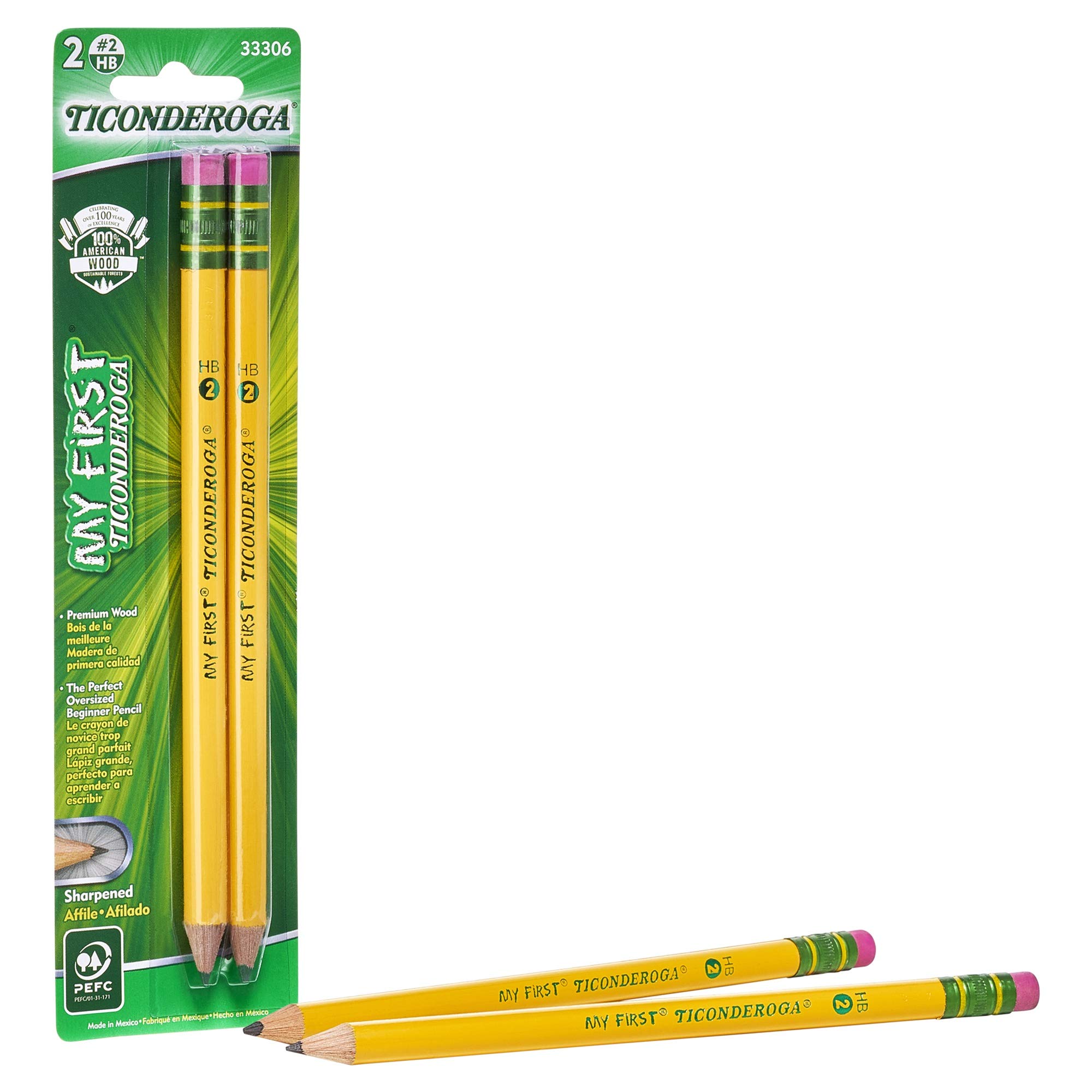 TiconderogaMy First Pencils, Wood-Cased #2 HB Soft, Pre-Sharpened with Eraser, Yellow, 2-Pack (33306)