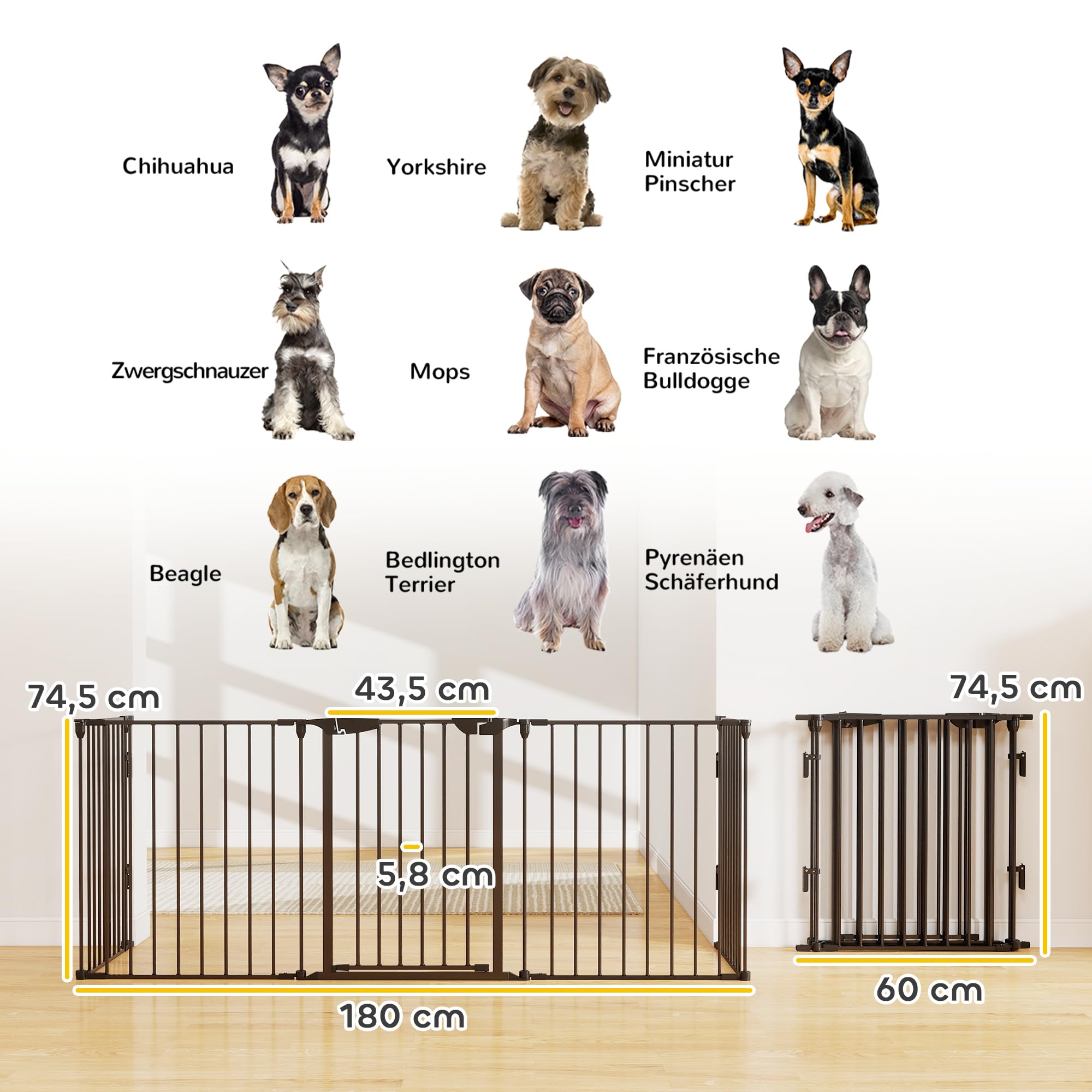 PawHut Welpenauslauf 5-TLG Klappbar mit Tür 300 x 74,5 cm Metall Schwarz