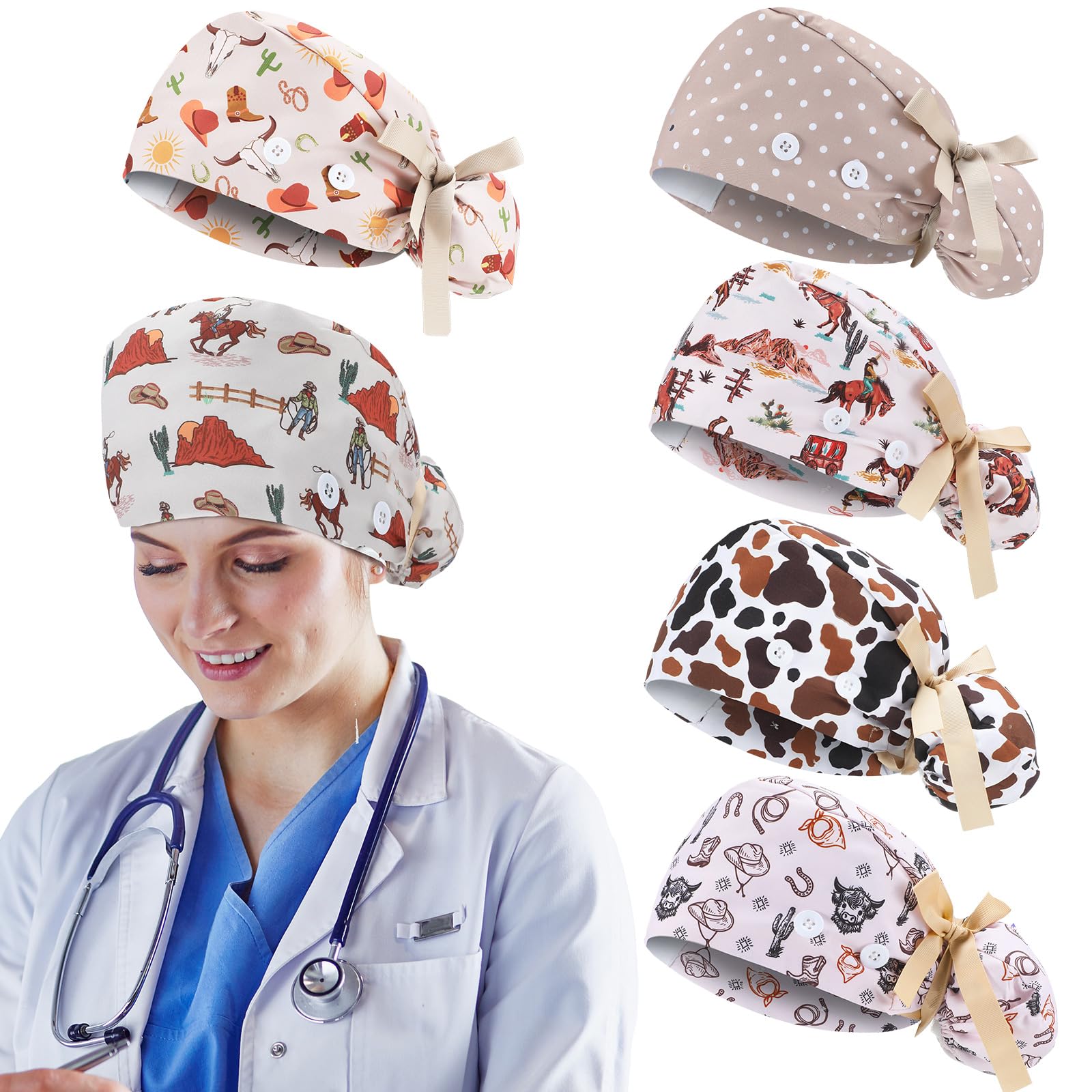 HooLing6 Pcs Scrub Caps for Women Doctor Nursing Hats with Buttons Adjustable Tie Back Working Cap Bouffant Scrub Hats for Women Men