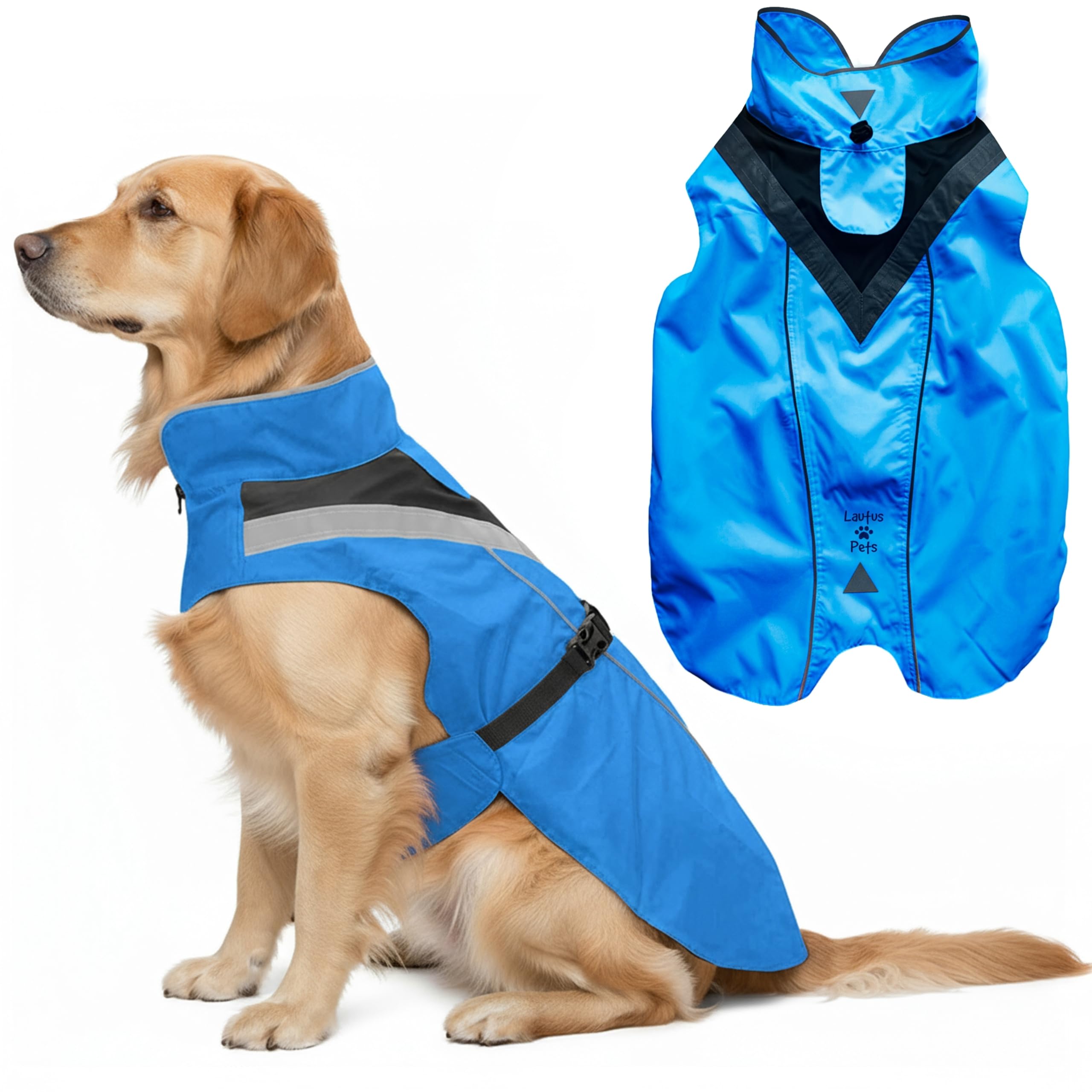 Lautus Pets Waterproof Dog Raincoat - Reflective, Bright Blue Rain Coat with Leash Hole (S, Blue)