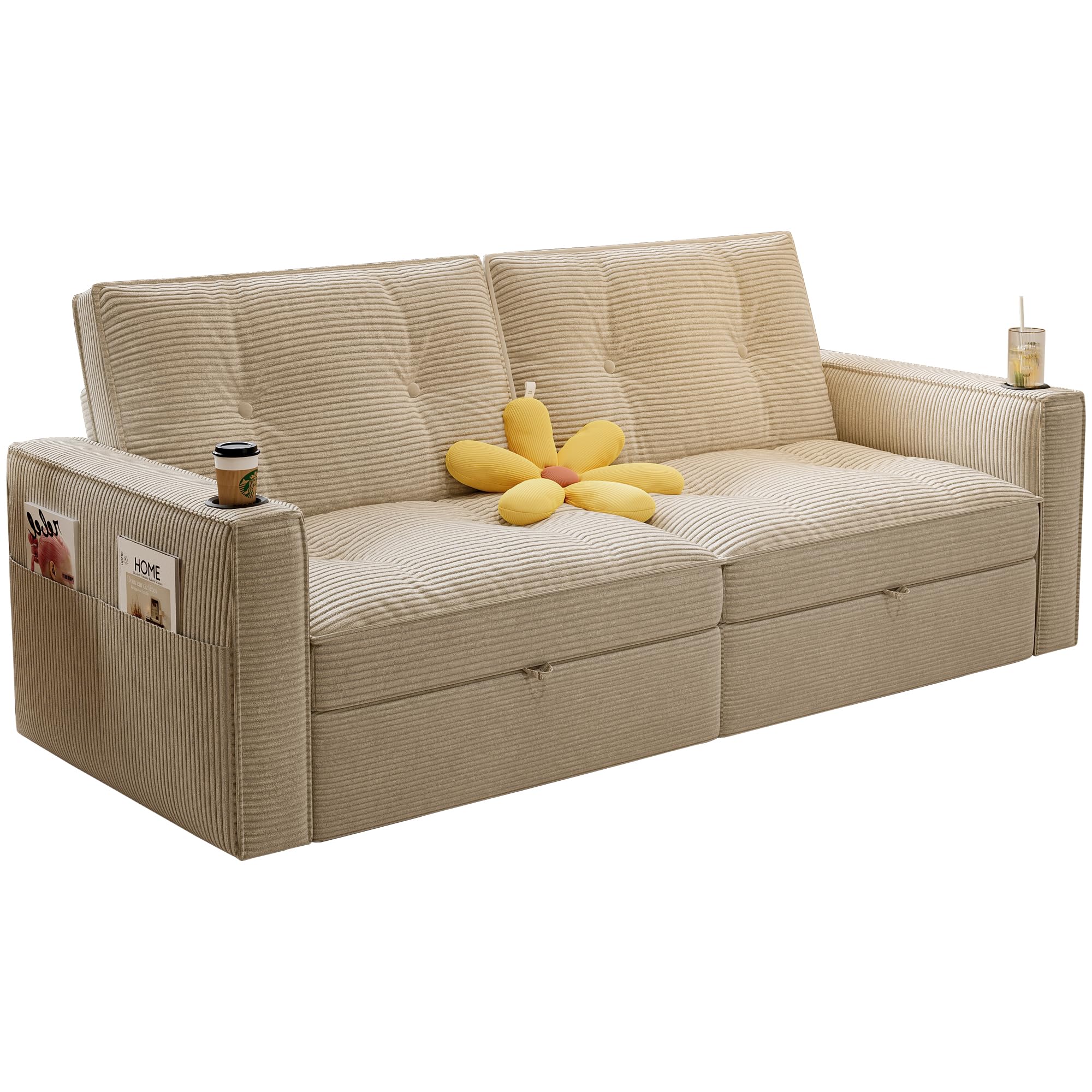 73.2'' Sleeper Sofa Full Size, Pre-Assembled Corduroy Futon, Beige | Convertible Pull Out Couch with Adjustable Backrest, Cup Holders, Pockets, USB, Loveseat for Living Room, Apartment