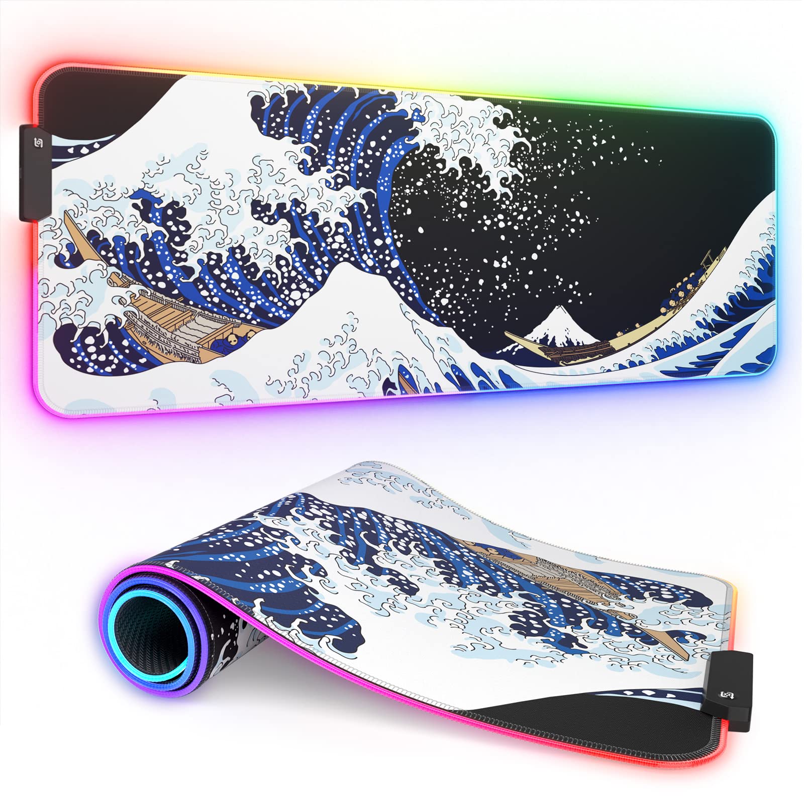 ITNRSIIET RGB Gaming Mouse Pad, Full Desk XL Extended Large Gaming Mousepad, 12 Lighting Modes 30% Thicker Big LED Desk Mat for Gamers, 32 x 12 inches, Japanese Waves