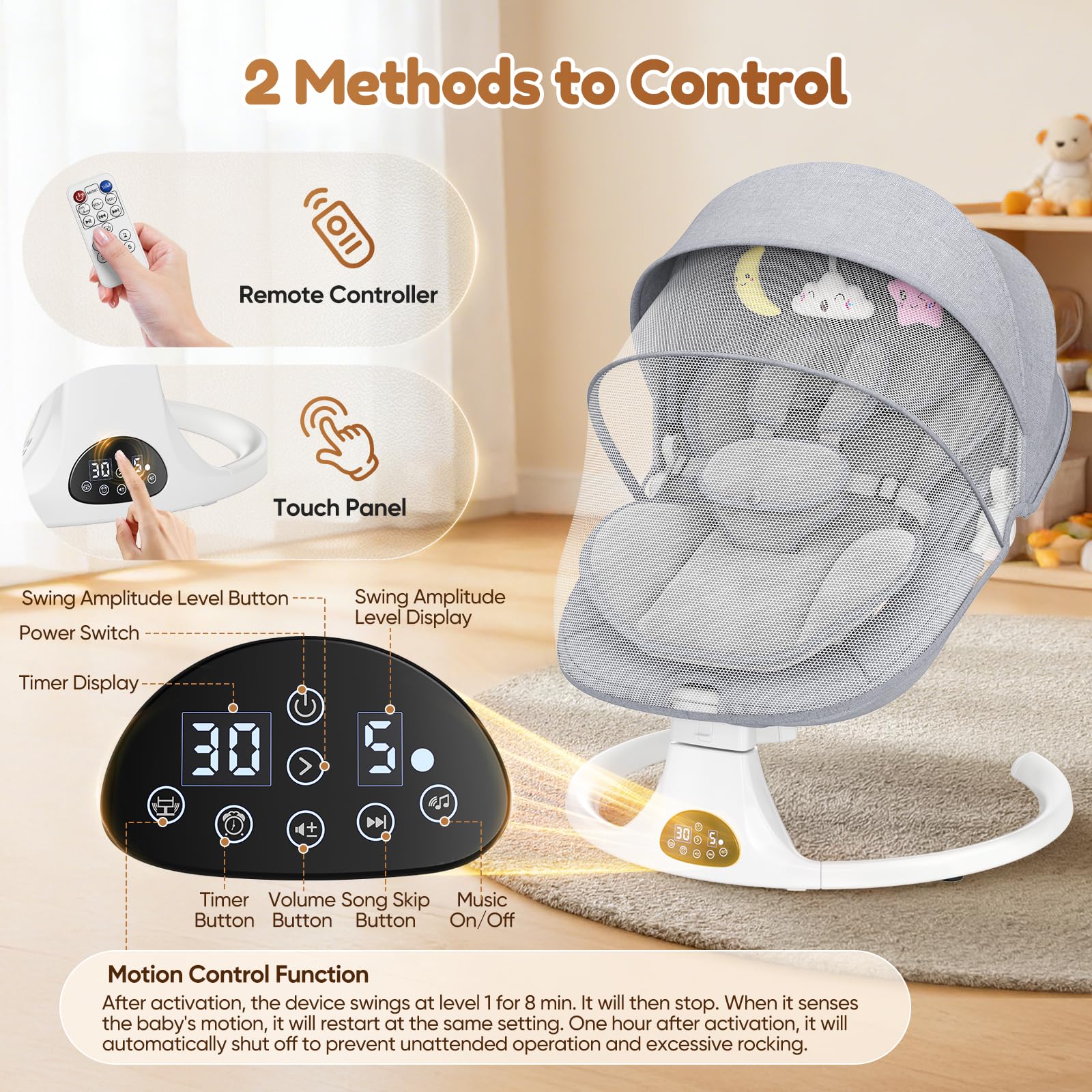 Dossier Réglable Transat Bébé Electrique, Balancelle Bébé Avec Coussin Amovible et Table D'appoint, Balançoire pour Baby avec 3 Minuteries et 5 Vitesses, 12 Mélodies, 3 Options D'alimentation (Gris)