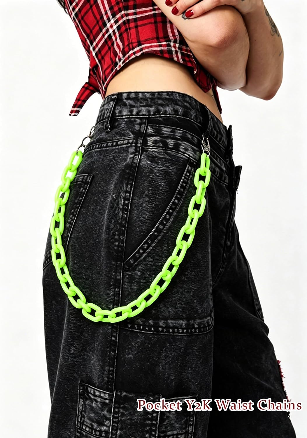 Ursumy Hip Hop Jeans Pants Chain Punk Goth for Women Men Belt Chain Acrylic Wallet Thick Pocket Y2K Waist Chains